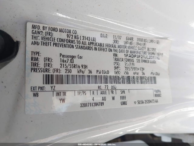 46046363 :رقم المزاد ، 1FADP3F21JL231762 vin ، 2018 Ford Focus Se مزاد بيع