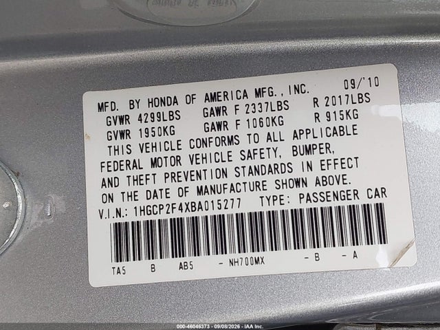 46046373 :رقم المزاد ، 1HGCP2F4XBA015277 vin ، 2011 Honda Accord 2.4 Lx-p مزاد بيع