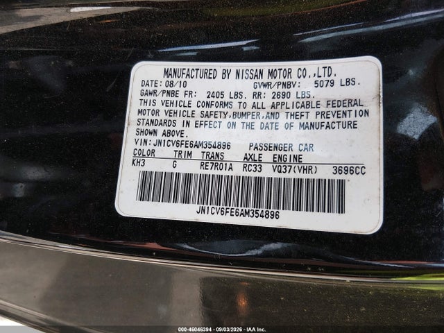 Продажа на аукционе авто 2010 Infiniti G37, vin: JN1CV6FE6AM354896, номер лота: 46046394