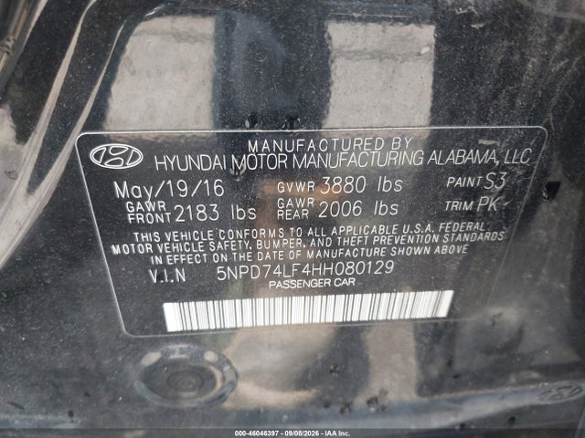 Продаж на аукціоні авто 2017 Hyundai Elantra Se, vin: 5NPD74LF4HH080129, номер лоту: 46046397