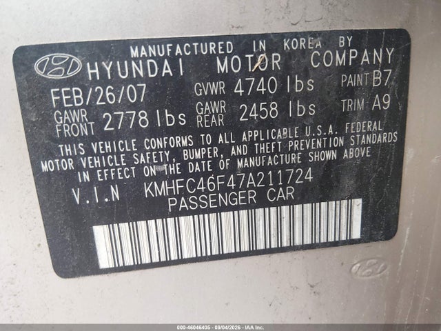 46046405 :رقم المزاد ، KMHFC46F47A211724 vin ، 2007 Hyundai Azera Limited/se مزاد بيع