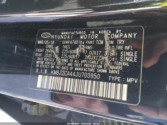 46046407 :رقم المزاد ، KM8J2CA44JU703950 vin ، 2018 Hyundai Tucson Se مزاد بيع