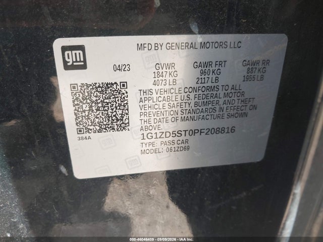 2023 Chevrolet Malibu Fwd 1lt მანქანა იყიდება აუქციონზე, vin: 1G1ZD5ST0PF208816, აუქციონის ნომერი: 46046409