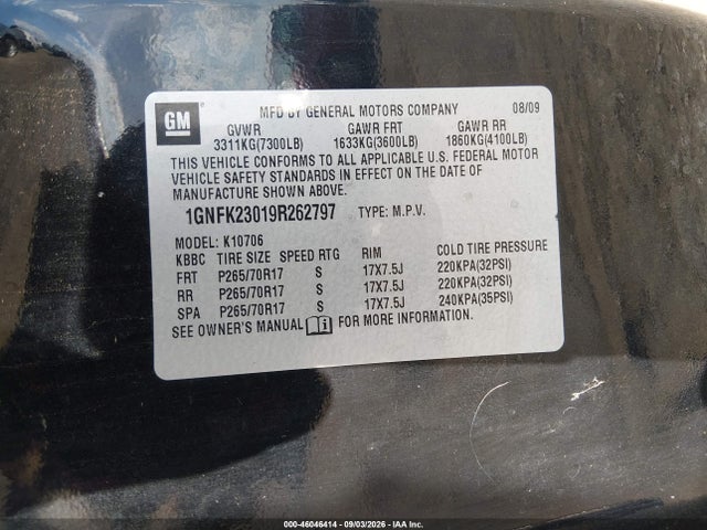 Aukcja sprzedaży 2009 Chevrolet Tahoe Lt1, vin: 1GNFK23019R262797, numer aukcji: 46046414