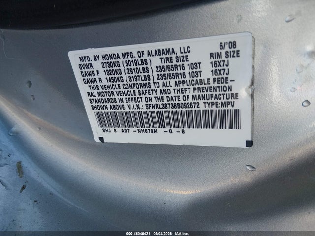 Aukcja sprzedaży 2008 Honda Odyssey Ex-l, vin: 5FNRL38738B092672, numer aukcji: 46046421
