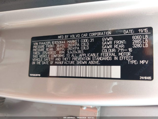 46046431 :رقم المزاد ، YV4A22PL1G1050644 vin ، 2016 Volvo Xc90 T6 Inscription مزاد بيع