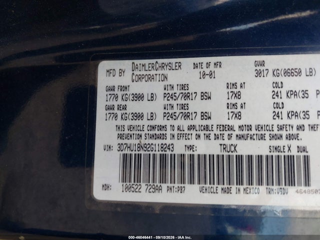 46046441 :رقم المزاد ، 3D7HU18N92G118243 vin ، 2002 Dodge Ram 1500 St مزاد بيع