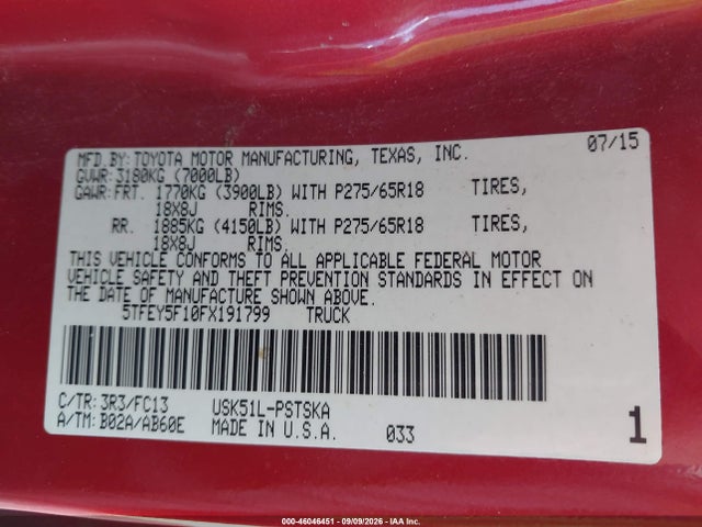 5TFEY5F10FX191799 Toyota Tundra Sr5 5.7l V8