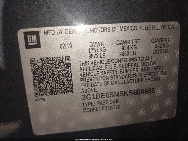 Chevrolet CRUZE LT 2019 3G1BE6SM5KS600885 Image 9