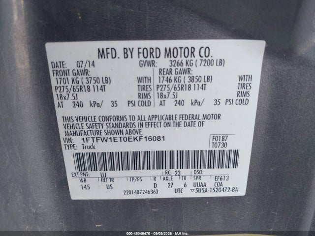 Продажа на аукционе авто 2014 Ford F-150 Xlt, vin: 1FTFW1ET0EKF16081, номер лота: 46046470