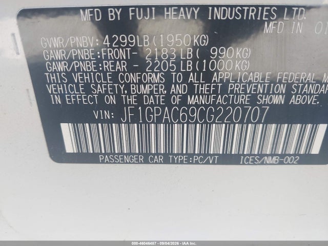Продажа на аукционе авто 2012 Subaru Impreza 2.0i Premium, vin: JF1GPAC69CG220707, номер лота: 46046487
