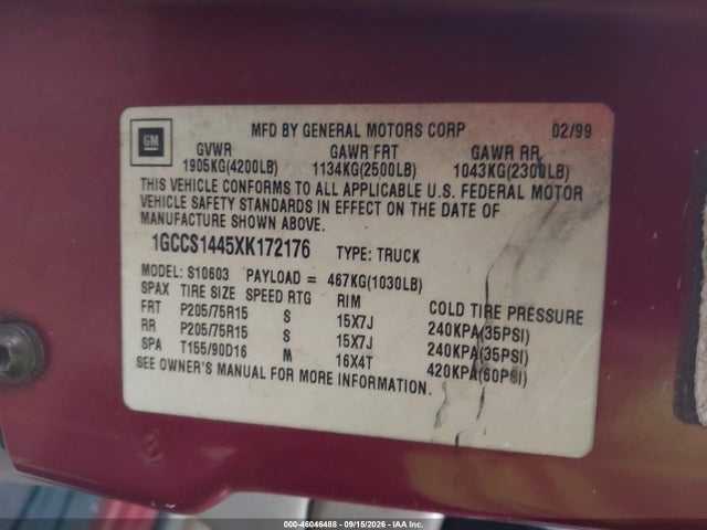Aukcja sprzedaży 1999 Chevrolet S-10 Ls, vin: 1GCCS1445XK172176, numer aukcji: 46046488