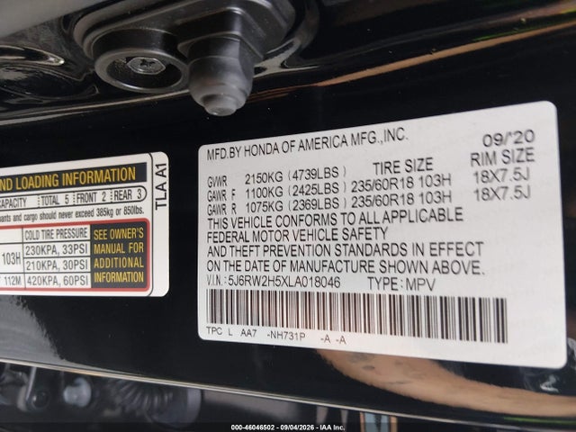 Aukcja sprzedaży 2020 Honda Cr-v Awd Ex, vin: 5J6RW2H5XLA018046, numer aukcji: 46046502