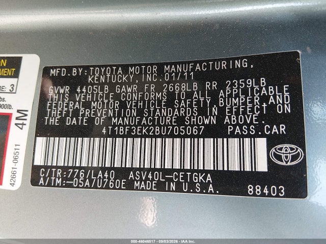 46046517 :رقم المزاد ، 4T1BF3EK2BU705067 vin ، 2011 Toyota Camry Xle مزاد بيع