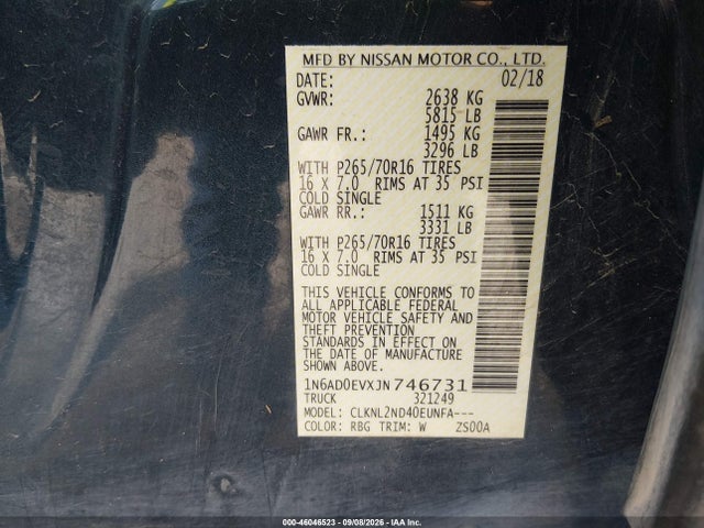 2018 Nissan Frontier Sv მანქანა იყიდება აუქციონზე, vin: 1N6AD0EVXJN746731, აუქციონის ნომერი: 46046523