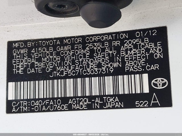 Aukcja sprzedaży 2012 Scion Tc, vin: JTKJF5C71C3037319, numer aukcji: 46046527