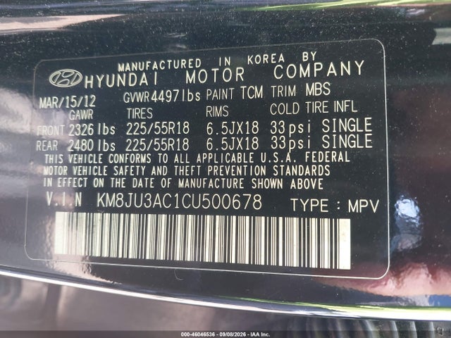 46046536 :رقم المزاد ، KM8JU3AC1CU500678 vin ، 2012 Hyundai Tucson Limited مزاد بيع
