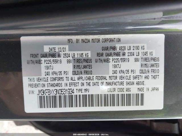 46046542 :رقم المزاد ، JM3KFBXY3N0531934 vin ، 2022 Mazda Cx-5 2.5 Turbo Signature مزاد بيع