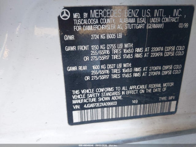 46046546 :رقم المزاد ، 4JGAB72E2XA096603 vin ، 1999 Mercedes-benz Ml 430 مزاد بيع