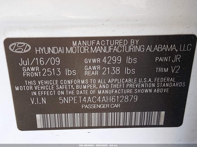 46046564 :رقم المزاد ، 5NPET4AC4AH612879 vin ، 2010 Hyundai Sonata Gls مزاد بيع