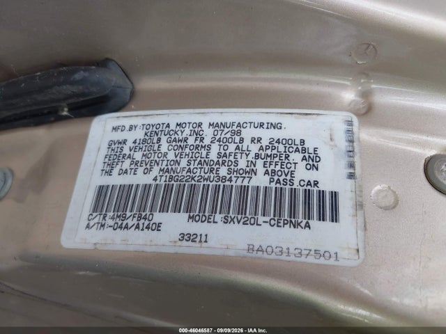 Aukcja sprzedaży 1998 Toyota Camry Le, vin: 4T1BG22K2WU384777, numer aukcji: 46046587