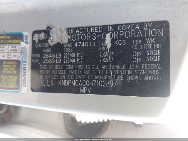 Aukcja sprzedaży 2017 Kia Sportage Lx, vin: KNDPMCAC0H7102897, numer aukcji: 46046599