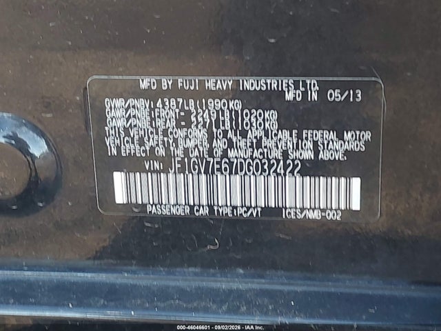 46046601 :رقم المزاد ، JF1GV7E67DG032422 vin ، 2013 Subaru Impreza Wrx مزاد بيع
