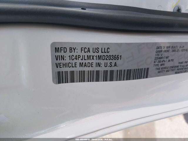 2021 Jeep Cherokee Latitude Lux Fwd მანქანა იყიდება აუქციონზე, vin: 1C4PJLMX1MD203661, აუქციონის ნომერი: 46046619