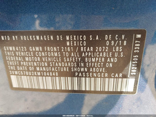 Продажа на аукционе авто 2019 Volkswagen Jetta 1.4t R-line/1.4t S/1.4t Se, vin: 3VWC57BU2KM104848, номер лота: 46046629