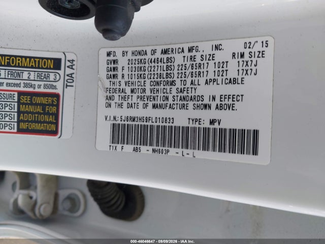 Honda CR-V EX 2015 5J6RM3H59FL010833 Image 9