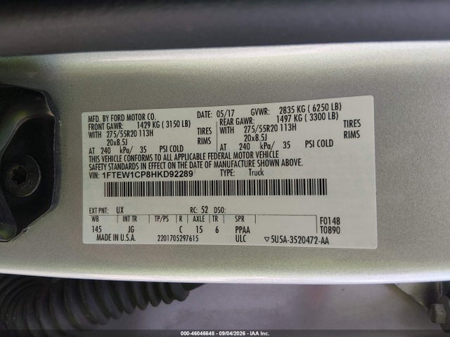 2017 Ford F-150 Xl მანქანა იყიდება აუქციონზე, vin: 1FTEW1CP8HKD92289, აუქციონის ნომერი: 46046648