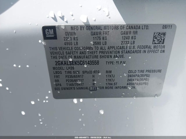 46046673 :رقم المزاد ، 2GKALSEK5C6143558 vin ، 2012 Gmc Terrain Sle-2 مزاد بيع