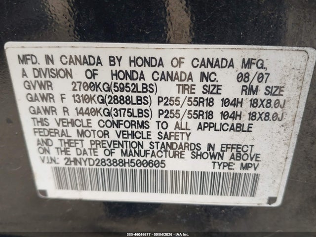 Aukcja sprzedaży 2008 Acura Mdx Technology Package, vin: 2HNYD28388H500605, numer aukcji: 46046677