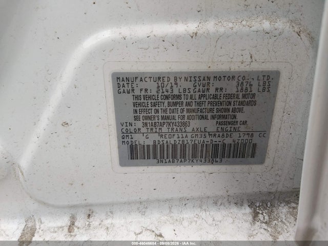 Auction sale of the 2019 Nissan Sentra S/sv/sr/sl, vin: 3N1AB7AP7KY433863, lot number: 46046684