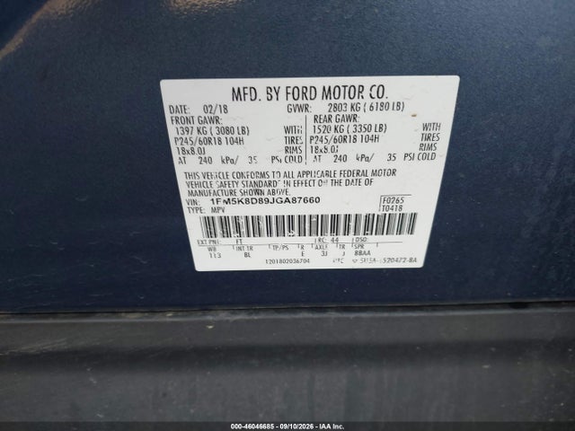 46046685 :رقم المزاد ، 1FM5K8D89JGA87660 vin ، 2018 Ford Explorer Xlt مزاد بيع