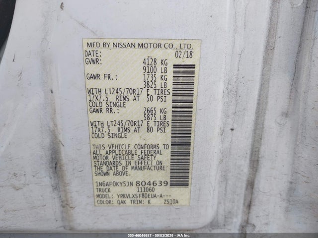 Auction sale of the 2018 Nissan Nv Cargo Nv2500 Hd Sv V8, vin: 1N6AF0KY5JN804639, lot number: 46046687