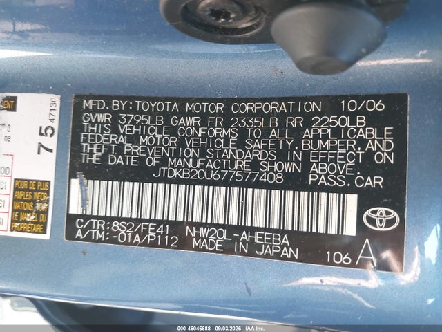 Aukcja sprzedaży 2007 Toyota Prius, vin: JTDKB20U677577408, numer aukcji: 46046688