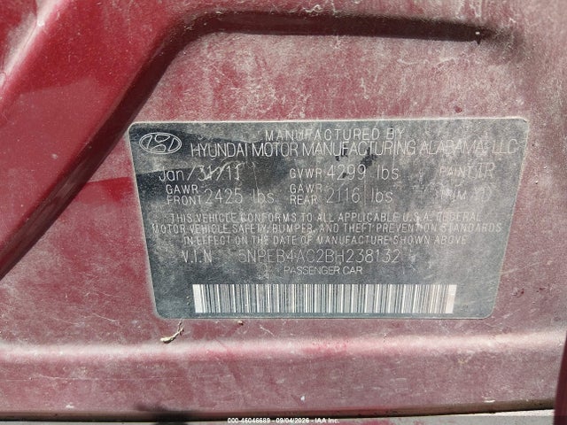 Aukcja sprzedaży 2011 Hyundai Sonata Gls, vin: 5NPEB4AC2BH238132, numer aukcji: 46046689