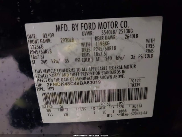 46046690 :رقم المزاد ، 2FMDK48C49BA83019 vin ، 2009 Ford Edge Sel مزاد بيع