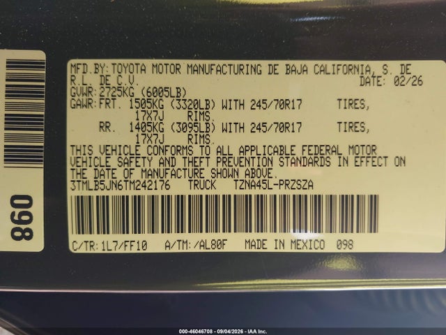 Продаж на аукціоні авто 2026 Toyota Tacoma Sr5, vin: 3TMLB5JN6TM242176, номер лоту: 46046708