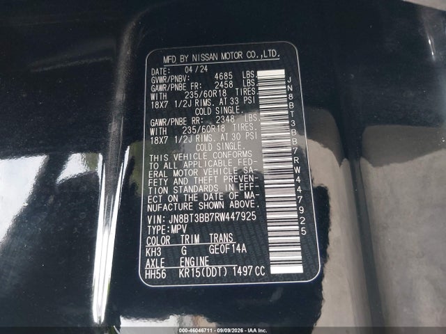 2024 Nissan Rogue Sv Intelligent Awd მანქანა იყიდება აუქციონზე, vin: JN8BT3BB7RW447925, აუქციონის ნომერი: 46046711
