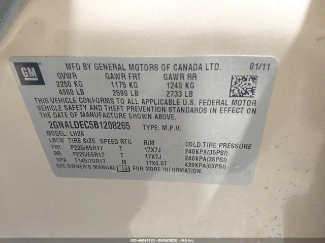 Aukcja sprzedaży 2011 Chevrolet Equinox 1lt, vin: 2GNALDEC5B1208265, numer aukcji: 46046723