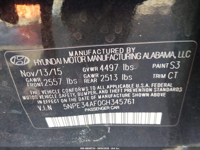 Aukcja sprzedaży 2016 Hyundai Sonata Sport, vin: 5NPE34AF0GH345761, numer aukcji: 46046724