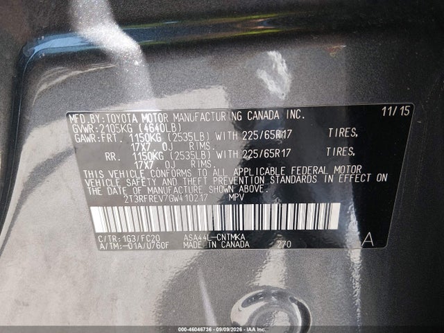 2016 Toyota Rav4 Xle მანქანა იყიდება აუქციონზე, vin: 2T3RFREV7GW410217, აუქციონის ნომერი: 46046736