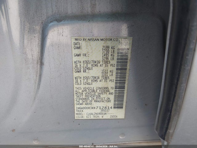 Продаж на аукціоні авто 2019 Nissan Frontier Sv, vin: 1N6AD0ER3KN712814, номер лоту: 46046741