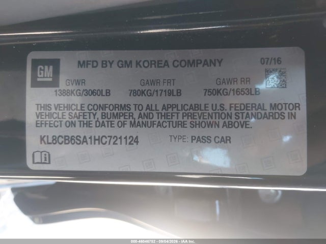 Auction sale of the 2017 Chevrolet Spark Ls Cvt, vin: KL8CB6SA1HC721124, lot number: 46046752