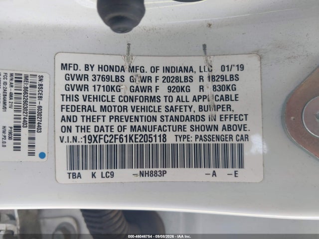 Продаж на аукціоні авто 2019 Honda Civic Lx, vin: 19XFC2F61KE205118, номер лоту: 46046754