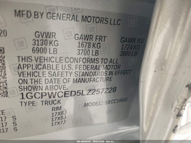 Aukcja sprzedaży 2020 Chevrolet Silverado 1500 2wd  Short Bed Lt, vin: 1GCPWCED5LZ257228, numer aukcji: 46046761