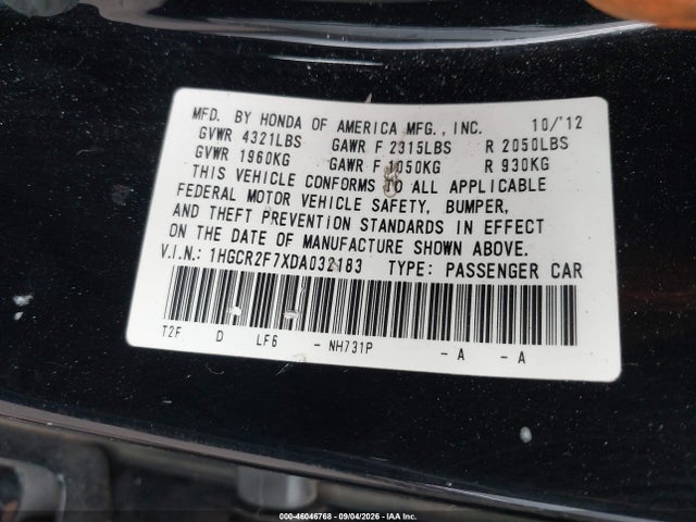 2013 Honda Accord Ex მანქანა იყიდება აუქციონზე, vin: 1HGCR2F7XDA032183, აუქციონის ნომერი: 46046768