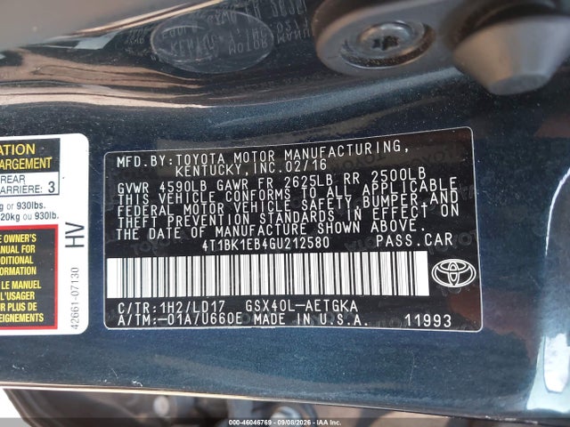 46046769 :رقم المزاد ، 4T1BK1EB4GU212580 vin ، 2016 Toyota Avalon Xle مزاد بيع